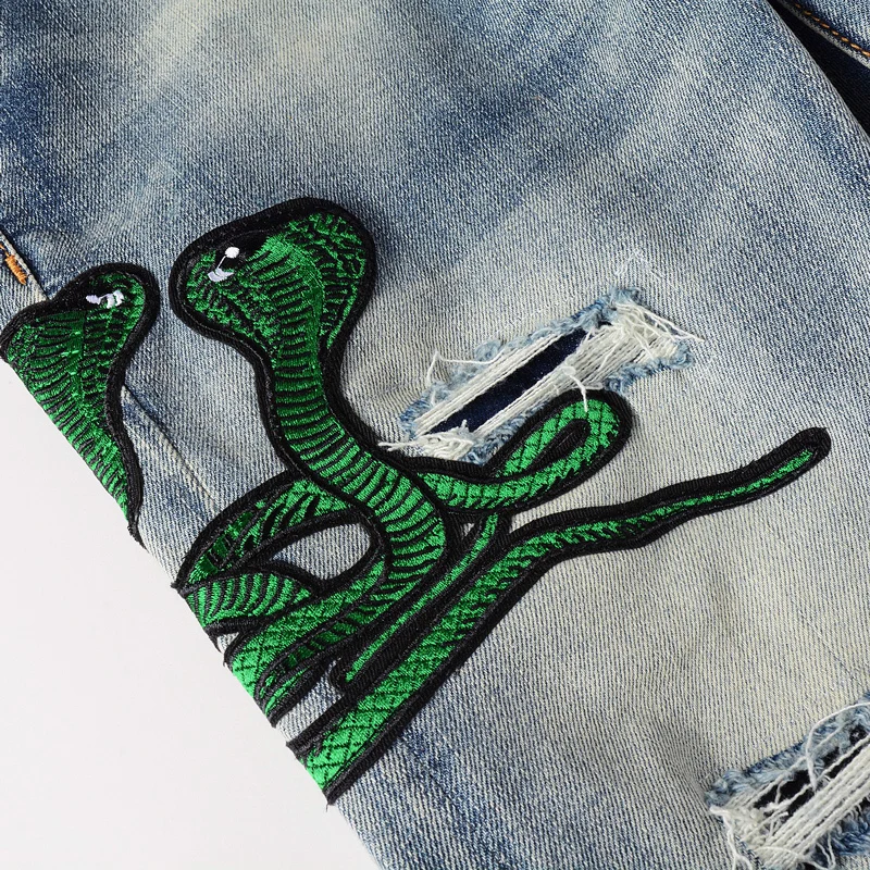 Men's Black Snake EU & US Drip Jeans Light Blue Distressed Moustache  Damaged Holes Snake Patches Streetwear Stretch Ripped - AliExpress