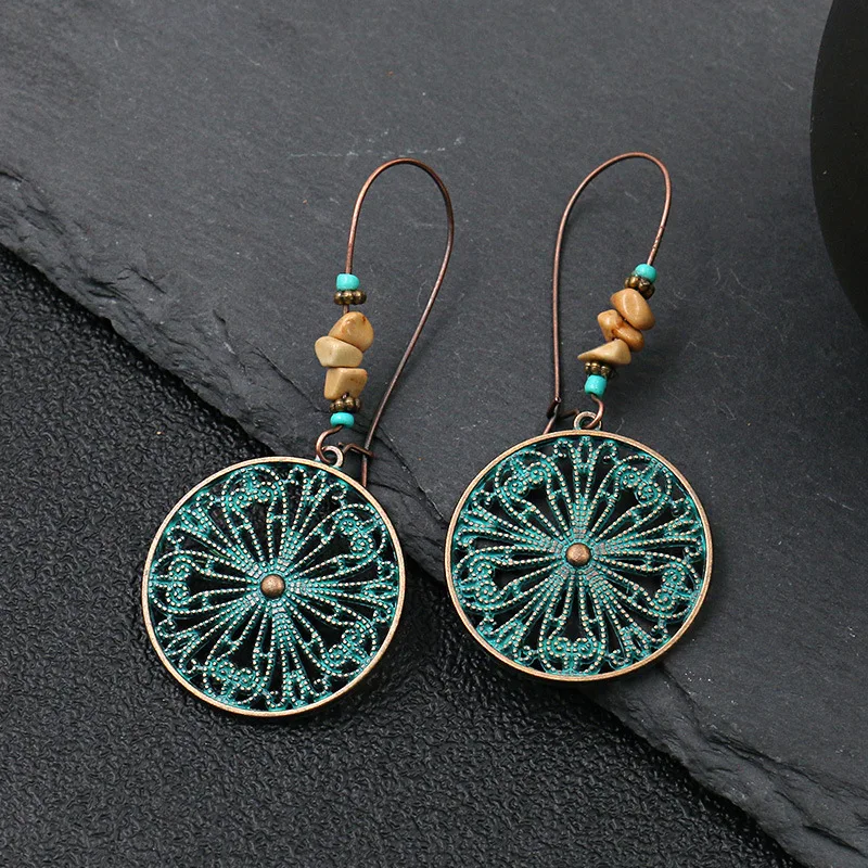 Wholesale Earrings Ancient Bronze Metal Classic Carved  Female Bohemian Retro Element   Girl Gift
