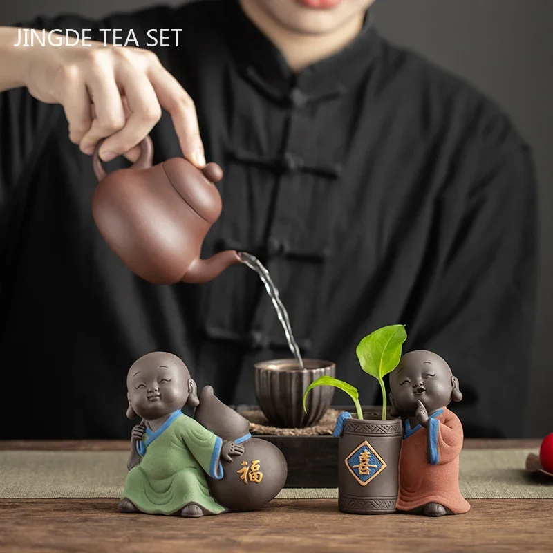 Chinese Yixing Purple Clay Tea Pet Ornament lovely Little monk Model Tea Ceremony Accessories Home Office Desktop Decor Crafts