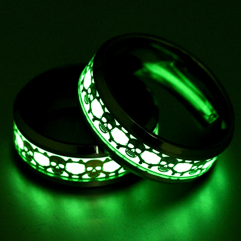 NUOBING Stainless Steel Punk Skull Luminous Rings for Women Men Fluorescent Glowing Inlay Skeleton Jewelry Fashion Charm Gift luminous glowing in the dark golden jesus inlay green background fashion men women fluorescent rings charm jewelry accessories