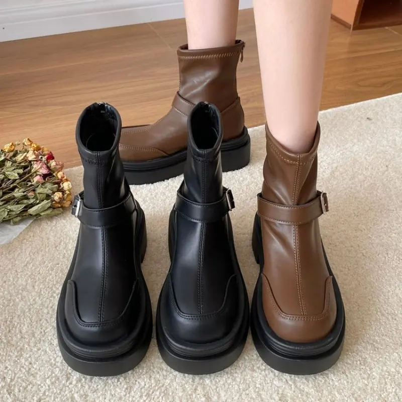 Fashion Women Ankle Boots Autumn Winter Back Zipper Slim Stretch Knee High Boots Office Lady Belt Buckle Simple Shoes Woman New