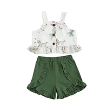 Ensemble de vêtements élégants pour bébés filles, col carré, bretelles florales, Camisole boutonnée, taille élastique plissée, couleur unie