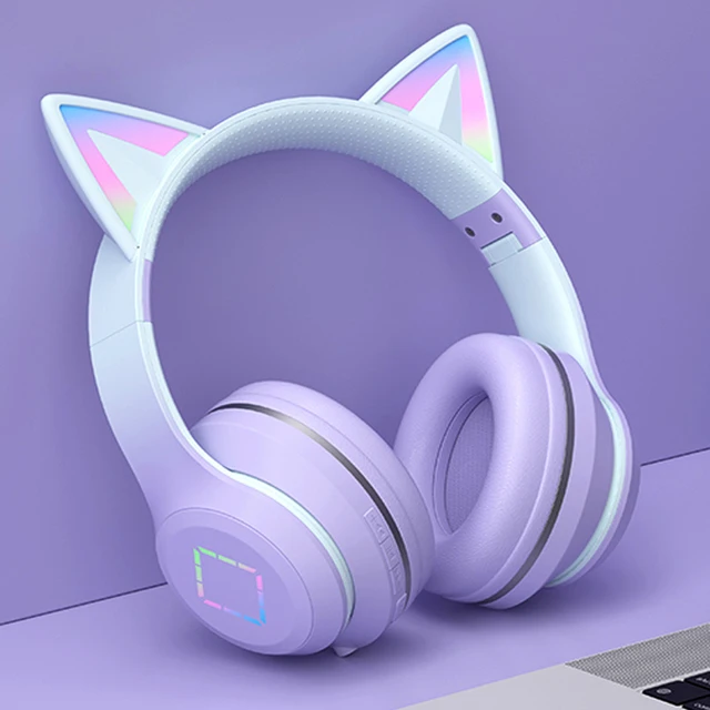 Écouteurs sans fil Bluetooth, lumière LED, dégradé de couleur, oreillettes de chat – Image 2