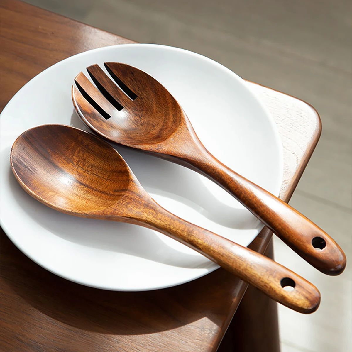 Wooden Salad Fork Spoon Dinnerware Set Large Spoon Stirring Hooked Set Kitchen Service Salad Mixing Set cutlery set
