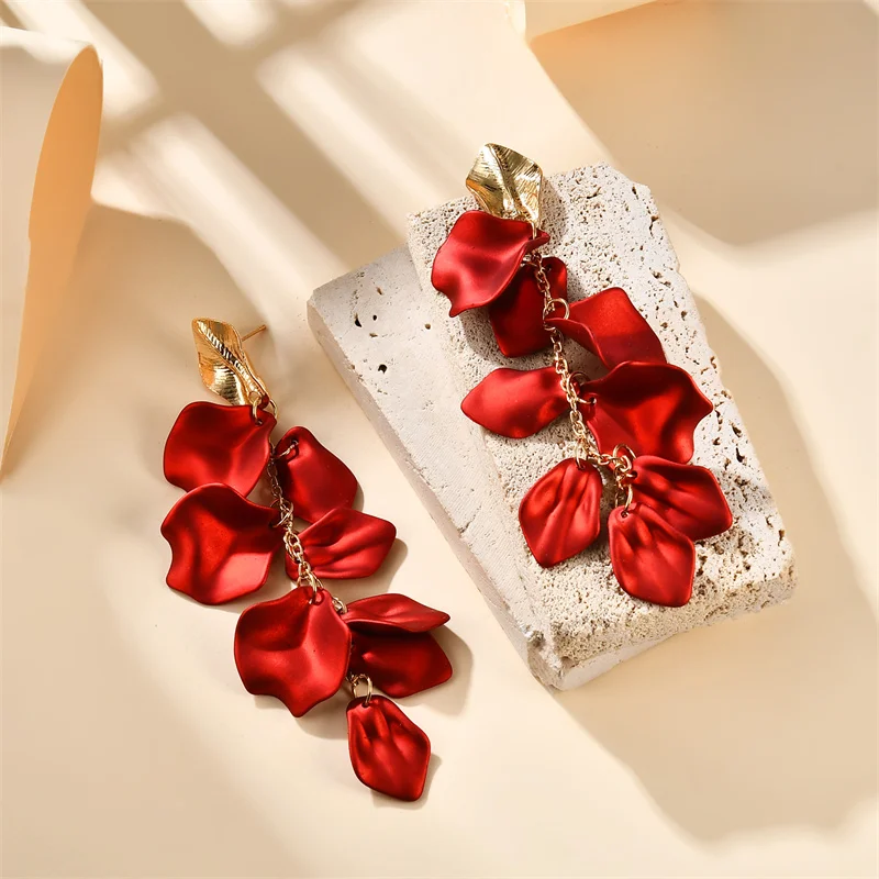 Gold Metal Leaf Acrylic Petal Tassel Earrings - Bold Floral Statement in Rose, Pink, and Orange