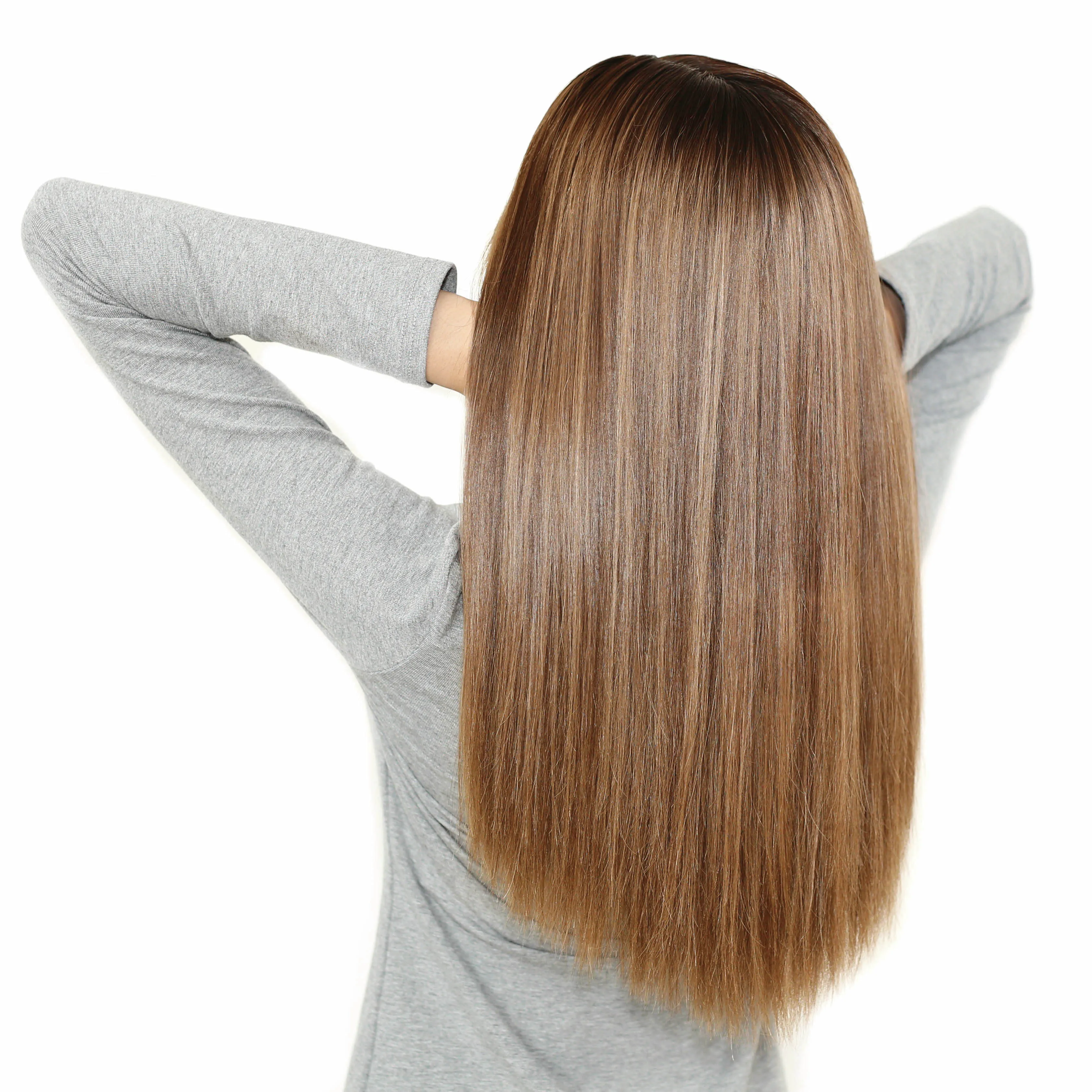 Wavy Lace Front & Top Wig Caramel with Chocolate Shadow Roots Hand Painted Glueless Human Hair Balayage Ombre Highlights Wig