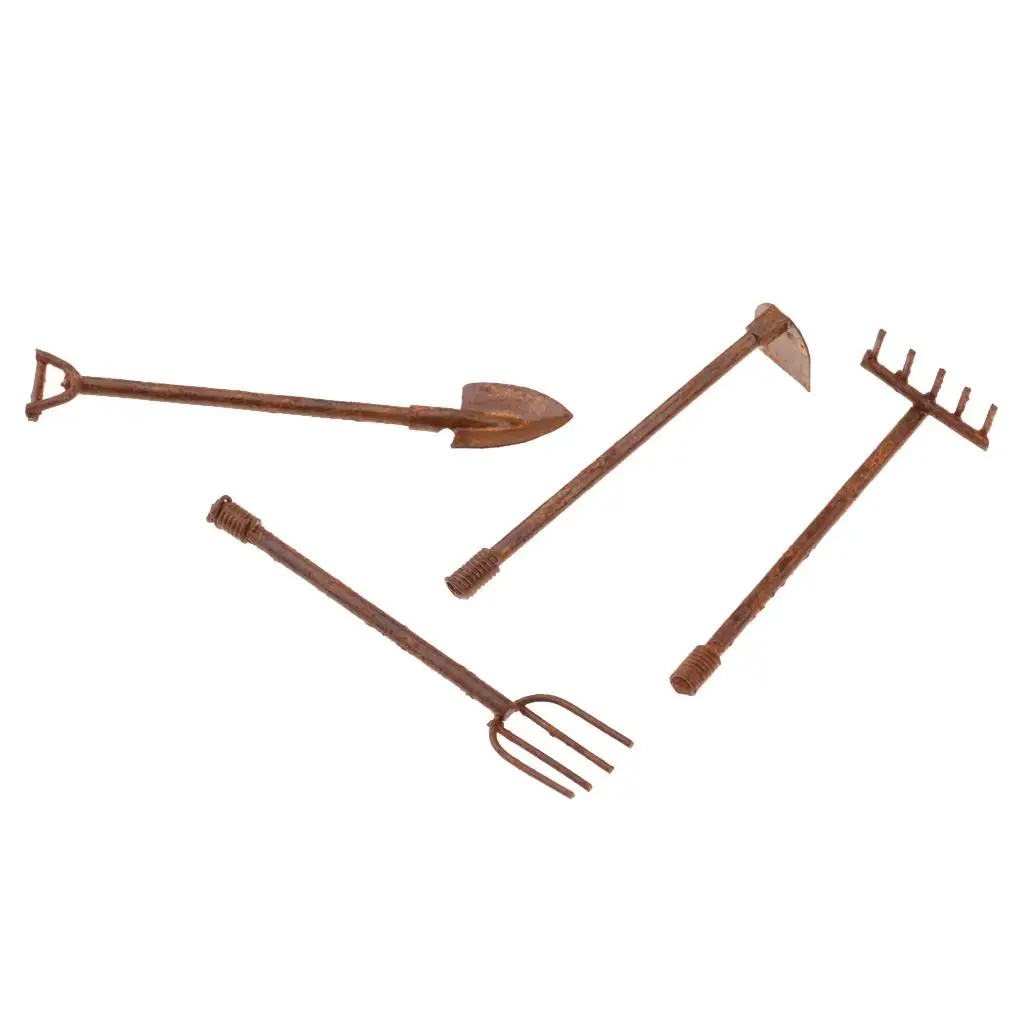 

1/12 Dolls House Mini Gardening Spade Rake Shovel Hoe Set Tools