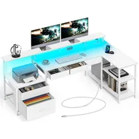 L Shaped Desk with File Drawers, 64" Home Office Desk with Power Outlet & LED Lights, 1