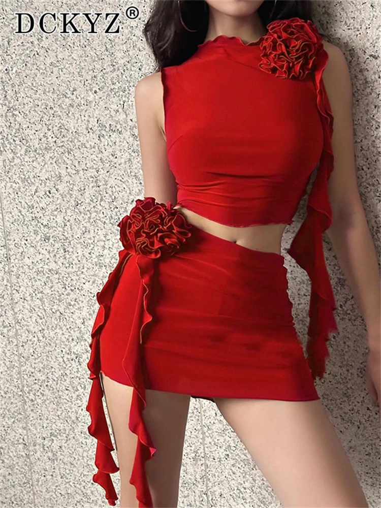 

Ladies New Ruffle Applique 2 Pieces Dress Set 2 Pieces Sleeveless Crop Top And Mini Skirt Birthday Party Night Club Women Outfit