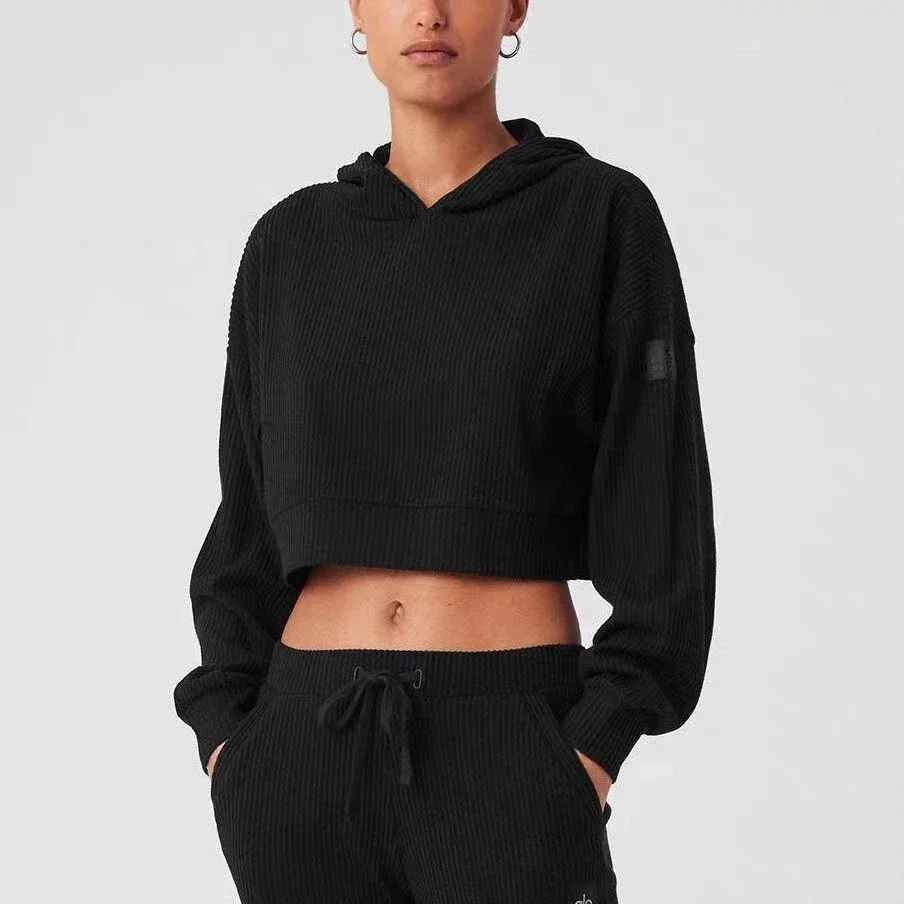 AL Black Yoga Set Muse Hoodie Muse Sweatpant Loose Comfortable Short Hooded Sweatshirt Women's Threaded Split Jogger Style Set 2