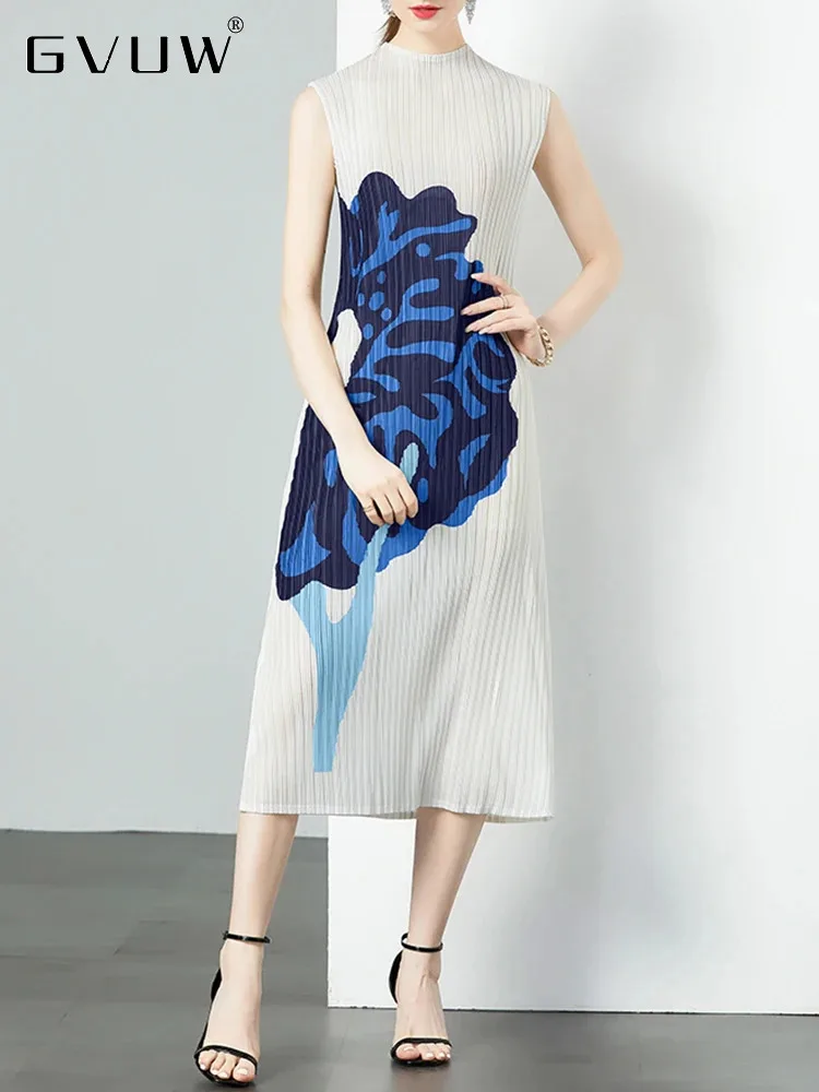 

GVUW Pleated Print Dresses Women Round Collar Sleeveless Medium Long New 2024 Summer Chic Style Female Loose Dresses 17G6906