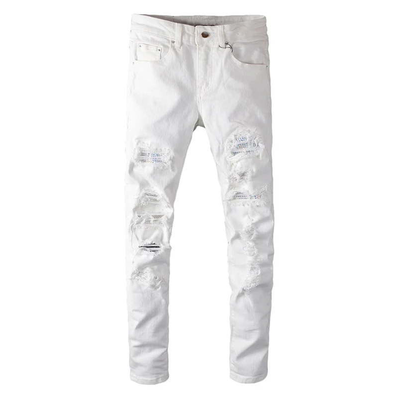 Sokotoo Men's White Crystal Holes Ripped Jeans Fashion Slim 