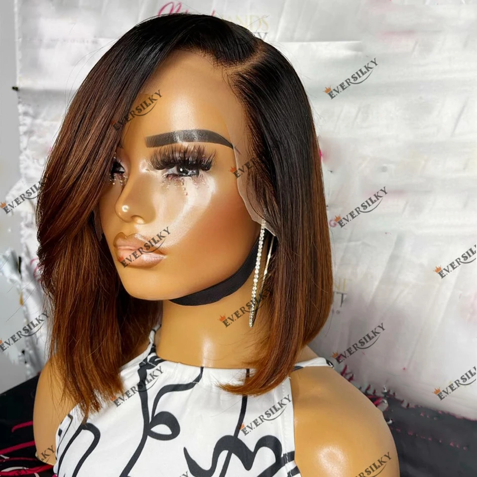 

Short Length Bob Human Hair Ombre Brown Silky Straight Side Part Bangs Wigs for Black Women Remy Indian Hair 13x4 Lace Front Wig