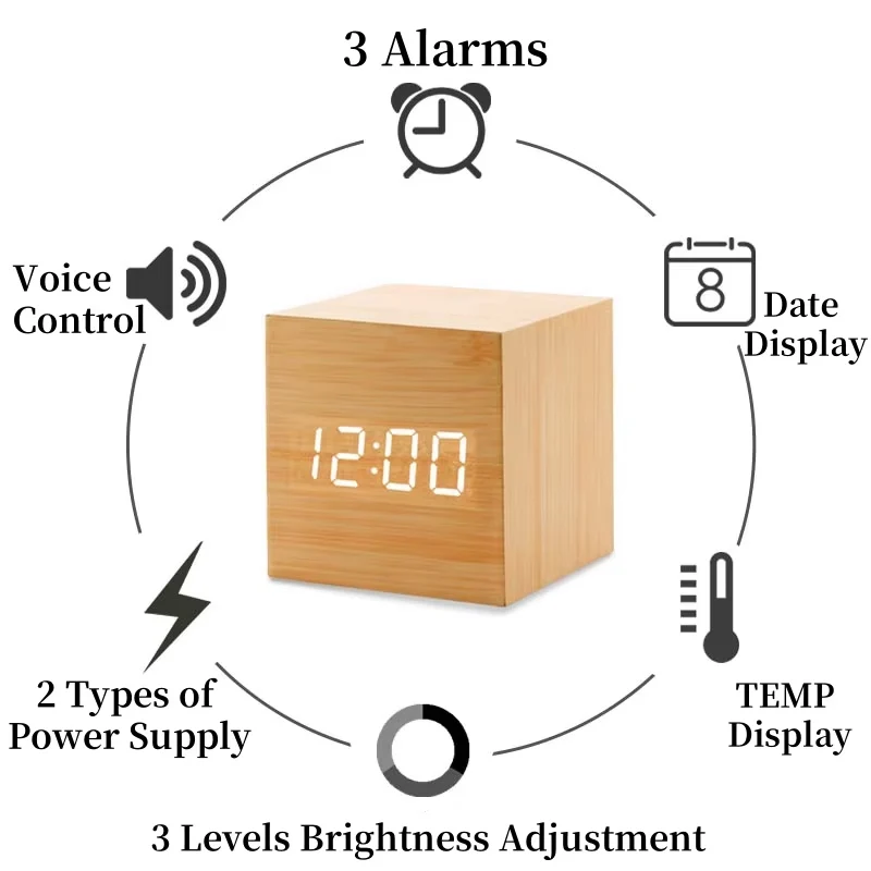 LED Wooden Digital Alarm Clock with Voice Control and USB/AAA Power Options