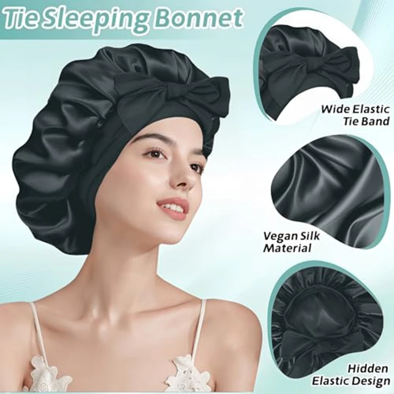 Silk Satin Hair Care Bonnet For Women Wide-brimmed Sleeping Cap With Elastic Band Solid Color Anti-frizz Night Hat
