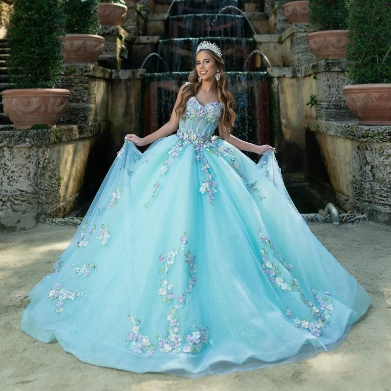 

Aqua Blue Shiny Quinceanera Dresses Lace Flower Sweetheart Off The Shoulder Puffy Party Dress Beading Ball Gown vestidos de 15