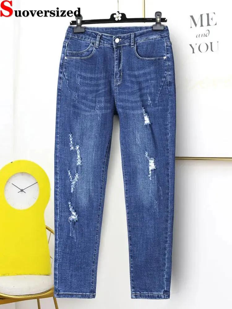 

Streetwear Ankle-Length Ripped Jeans Big Size L-6XL Harem Vaqueros High Waist Baggy Denim Pants Spring Casual Jogger Pantalones