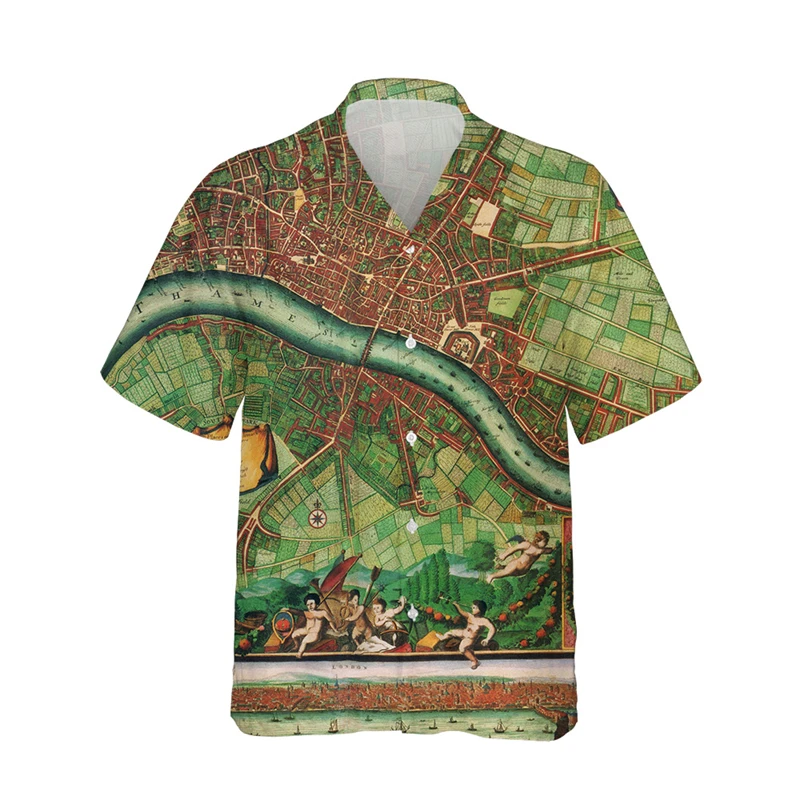 thumbnail image 1 of Camisa de moda para hombre con estampado 3D de mapa y brújula, solapa con botones, manga corta, diseño personalizado, camisetas cómodas, 1 of 5