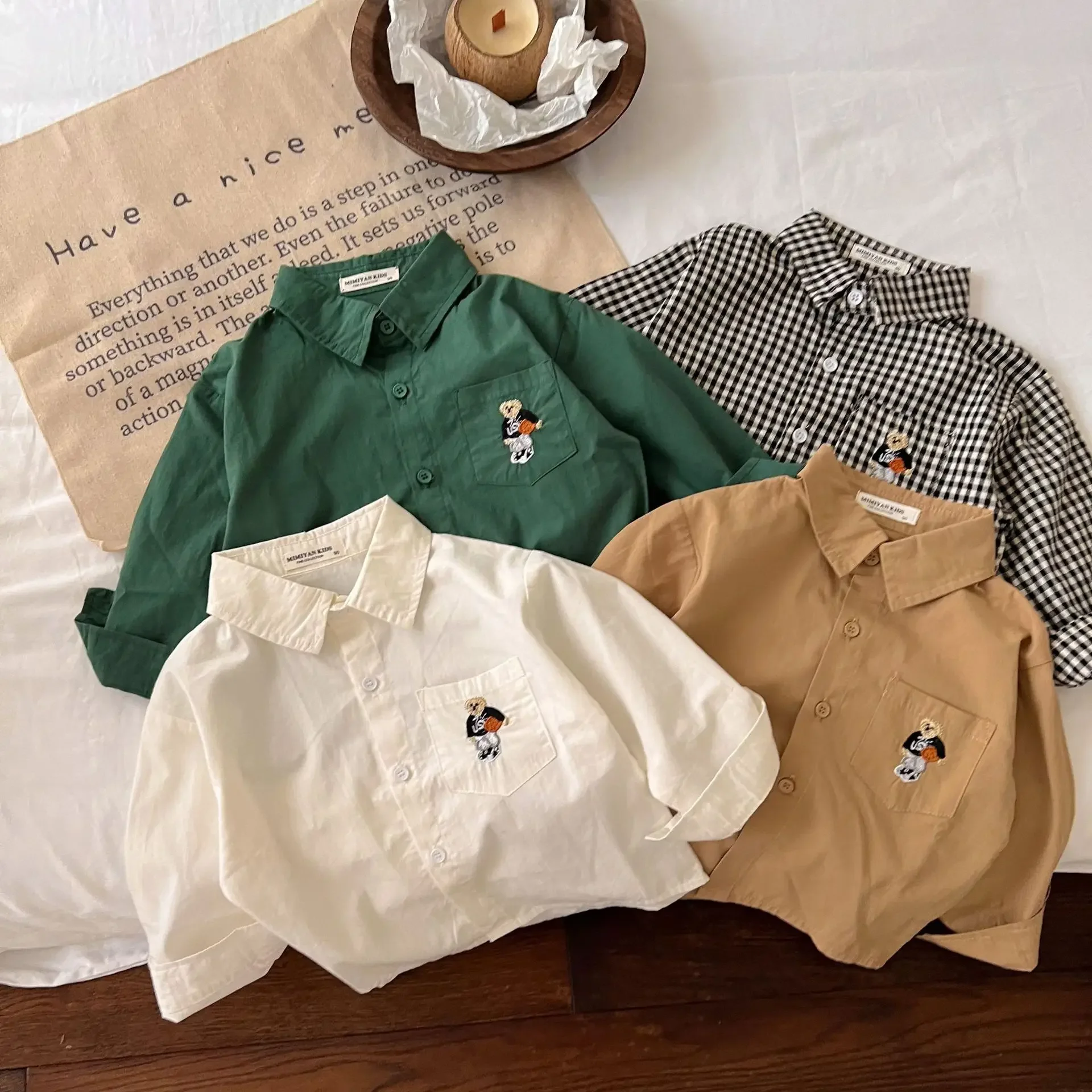 Korean Bear Shirt Baby Embroidery Grid Top Toddler Children's Clothes Autumn Boys Girls Camisa Blouse Clothes Infantil Menina kids shirts