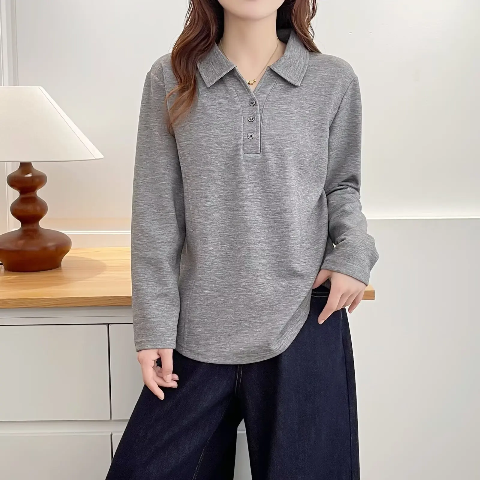 XXXXL Fashion Plus Size Women's T-Shirt New Autumn Simple three-dimensional Cut POLO Collar Long Sleeved Inner Top 2558