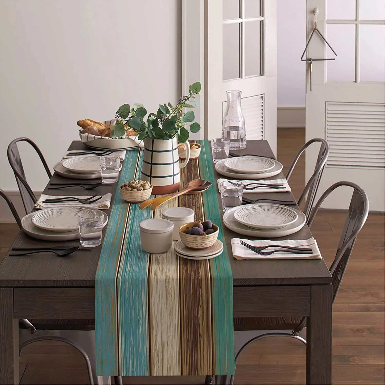 Turquoise Blue Green Wood Striped Linen Table Runners Dresser Scarves  Decor for Kitchen   Holiday Party 3