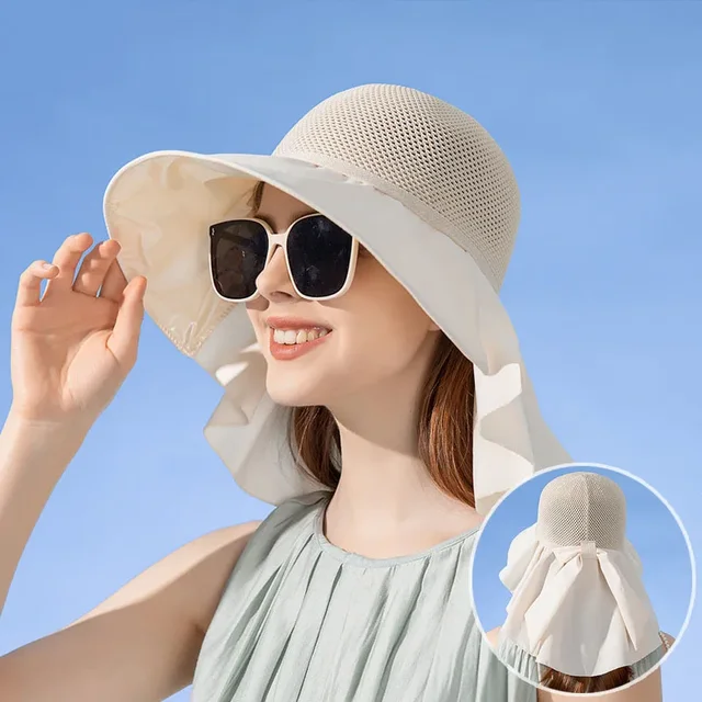Summer Women Bucket Hat with Shawl Lightweight Breathable Mesh Face Neck Protection Sun Hat Bow Pleat Design Travel Beach Cap 2