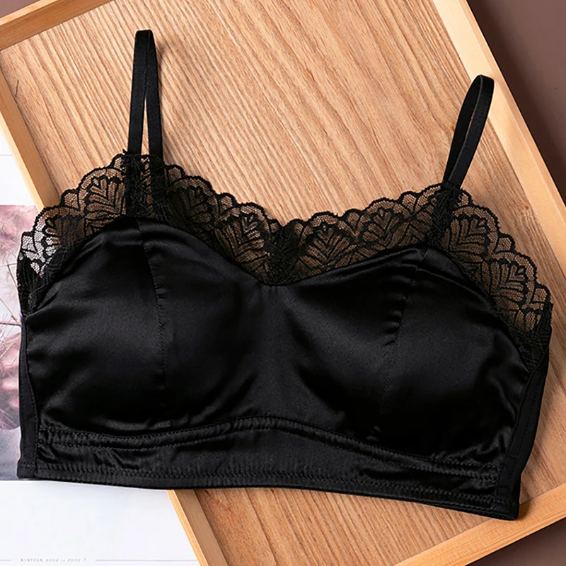 Lace Bralette Bra for Women 19 Momme Mulberry Silk No Underwire Wireless Full Coverage Lightly Lined Adjustable Skinny Strap