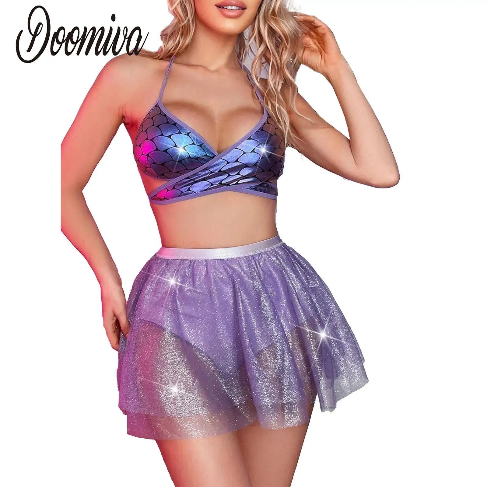 

Women Metallic Shiny Outfit Underwear Sexy Bunny Uniform Lingerie Set Push Up Halter Bra and Mini Skirt Bikini Swimwear Clubwear