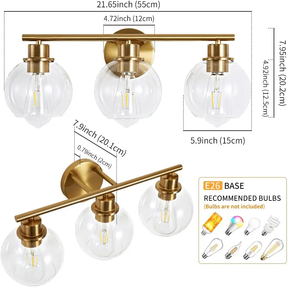 LED Bathroom Mirror Light Metal Brass Wall Mounted Vanity Lamp