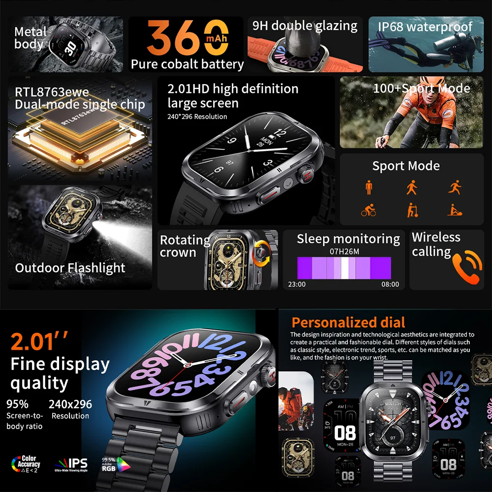 2026 Military T-Rex 3 Smart Watch Fitness Clock Men 360*360 AMOLED Screen 360mAh Battery LedFlashlight wireless call Smartwatchs 2