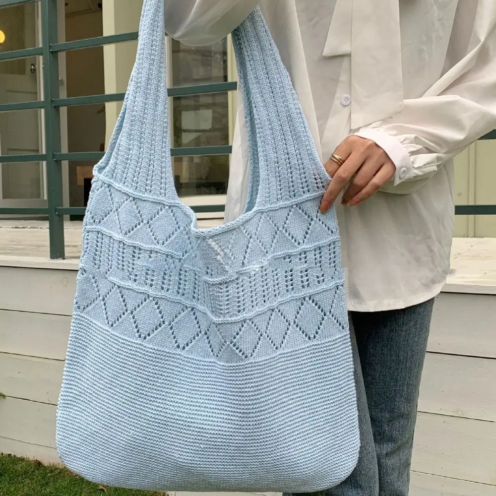 

Solid Color Knitted Handbag Portable Mommy Bag Shopping Bag Love Shoulder Bag Storage Bag Underarm Bag Crochet Tote Bag Girl