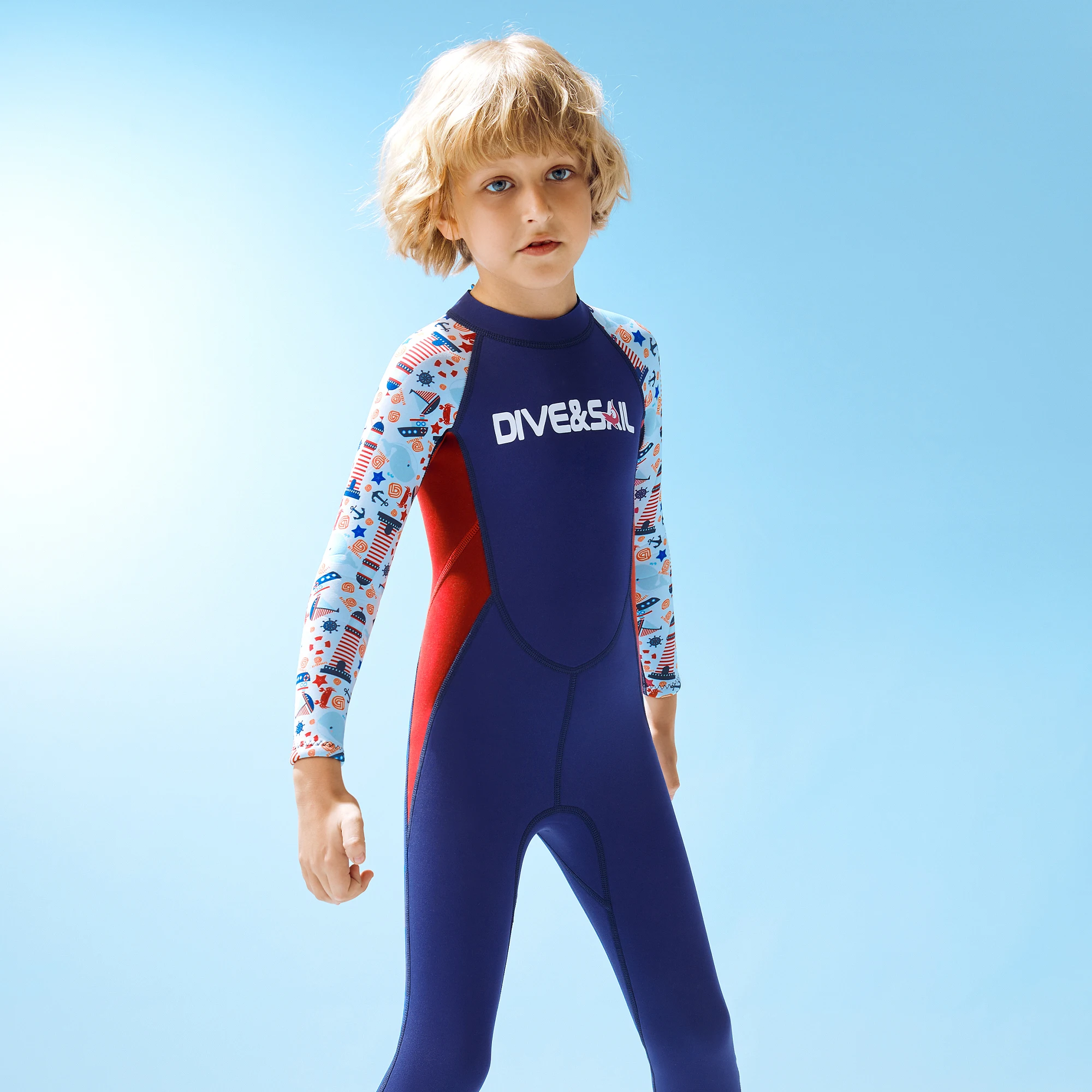 

Children's Neoprene Wetsuit, Surfing Swimsuit Long Sleeves, Kids Swimwear for Underwater Freediving, Scuba, Swimming Pool