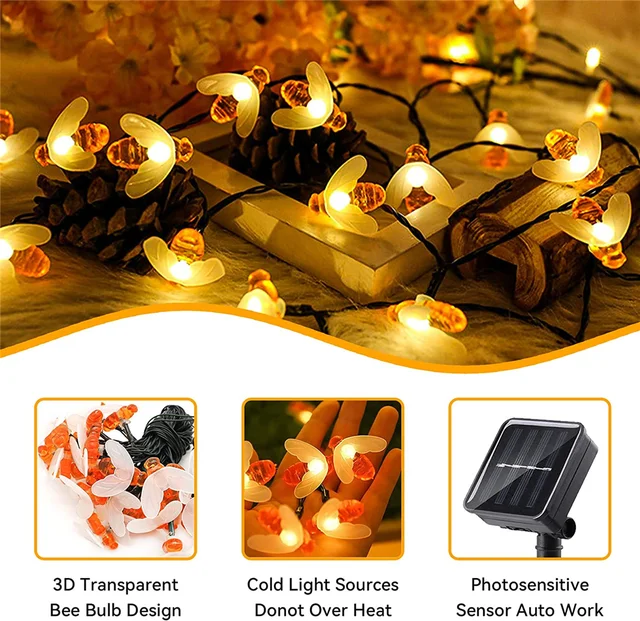 Solar String Light 20 LED Cute Bee Outdoor Light Wedding Home Garden Patio Party Christmas Tree Honeybee Starry Fairy Decor Lamp 5