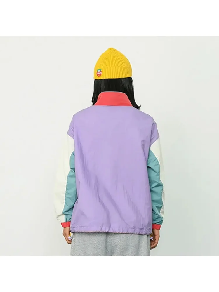 Winter Jacket Women Pullover Color Block Stand Collar Cartoon Patch Wool Liner Coat