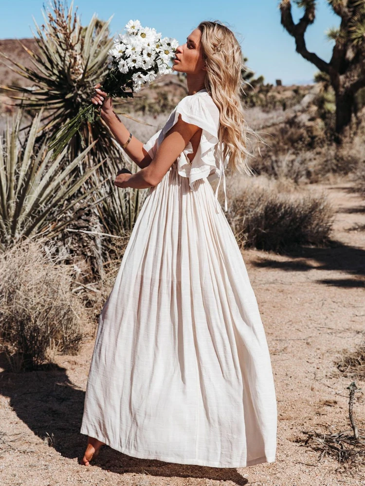 Beach Dress Maxi Women Summer Ruffle Sleeve Deep V Neck Solid Elegant Bohemian Wedding Outfits Bikini Cover Up Robe Beachwear