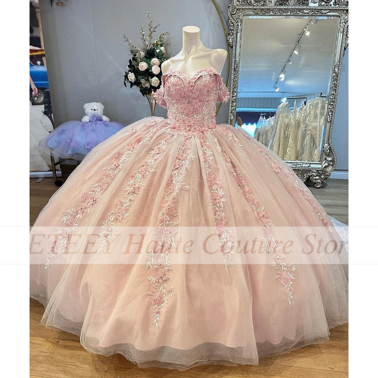 

Роскошное розовое платье для Quinceanera 2024, платья для выпускного вечера с 3D цветами и открытыми плечами, бальные платья принцессы, платья для 15 Quinceañera