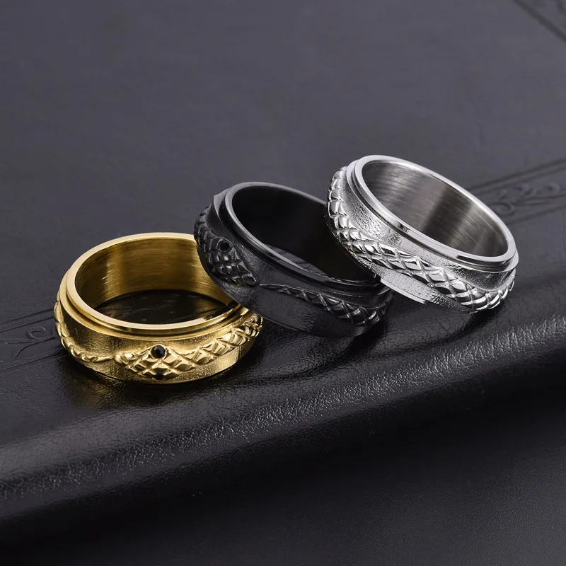 Antique Snake Band Ring for Men Women Cool Black Gold Color Stainless Steel Gorthic Animal Spinner Ring Fidget Anxiety Ring 3
