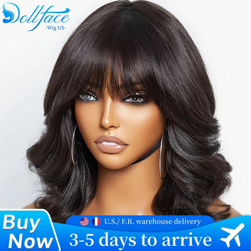 Body Wave Bob Wig With Bangs Short Full Machine Made Human Hair Wigs 220% Density Loose Body Wave Brazilian Natural Black Color