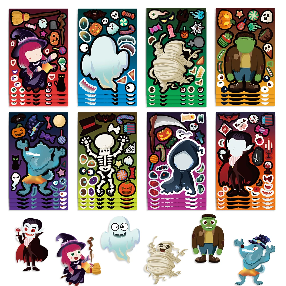 8/16/24 Stück Halloween-Aufkleber zum Basteln für Kinder, machen Sie ein Gesicht, Hexe, Kürbis, Geist, Montage, Puzzle-Aufkleber, Partybevorzugung, DIY-Spielzeug