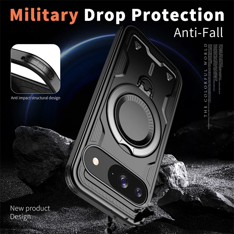 Rugged Military Armor Phone Case with Magnetic Ring and Rotating Bracket Cover