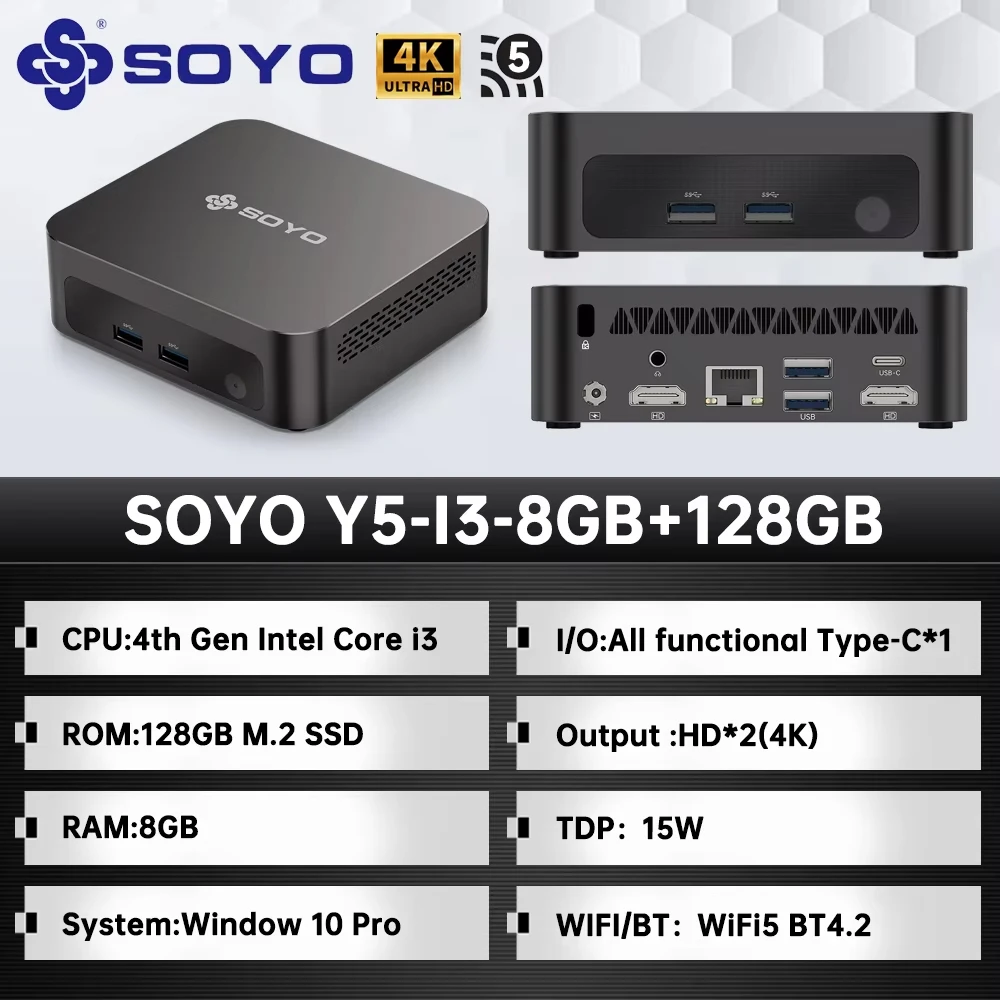 SOYO Y5 Mini PC Intel i3-4030U Processor 8GB RAM 128GB SSD Window 10 PRO Bluetooth WIFI5 Supports 4K Display Mini Computer - immagine 8