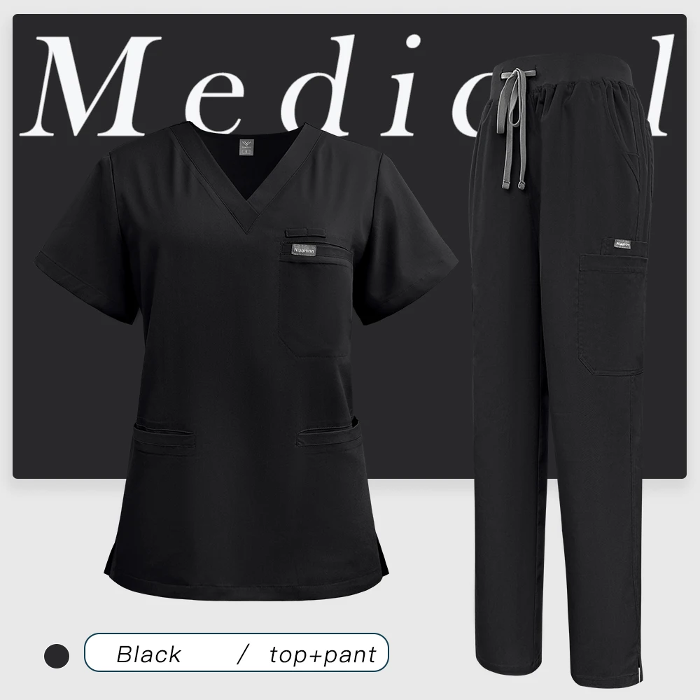 V-Neck Scrubs Top Straight Pants Uniforms Set Medical Nurse Uniforms Hospital Dentist Overalls Pharmacy Work Clothes Pocket Suit