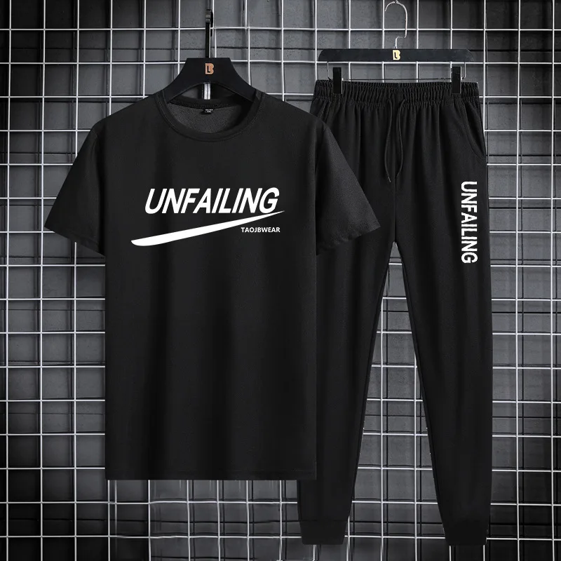 Summer Korean version slim summer short sleeved long pants set short sleeved casual sports round neck pullover comfort sports suit