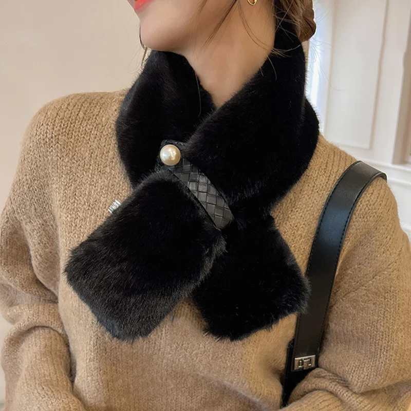

Однотонный ремень в Корейском стиле воротник из меха кролика с жемчугом плюшевый шарф с перекрестным узором женская зимняя уличная защита шеи Двусторонняя Толстая теплая шаль