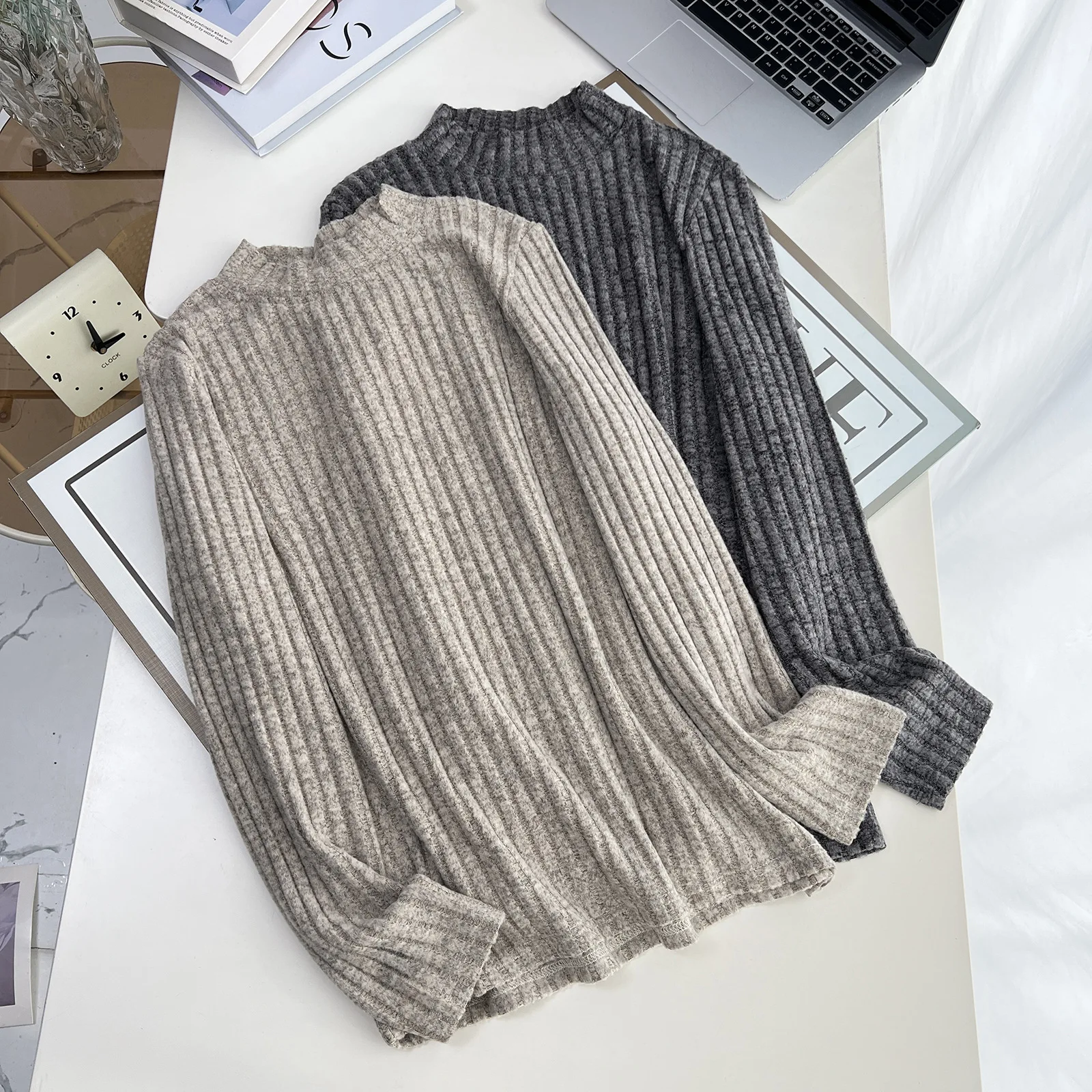 XXXXL Fashion Plus Size Women's T-Shirt New Autumn And Winter Casual Mock Neck Brushed Warm Long Sleeved Base Inside Tops 1747