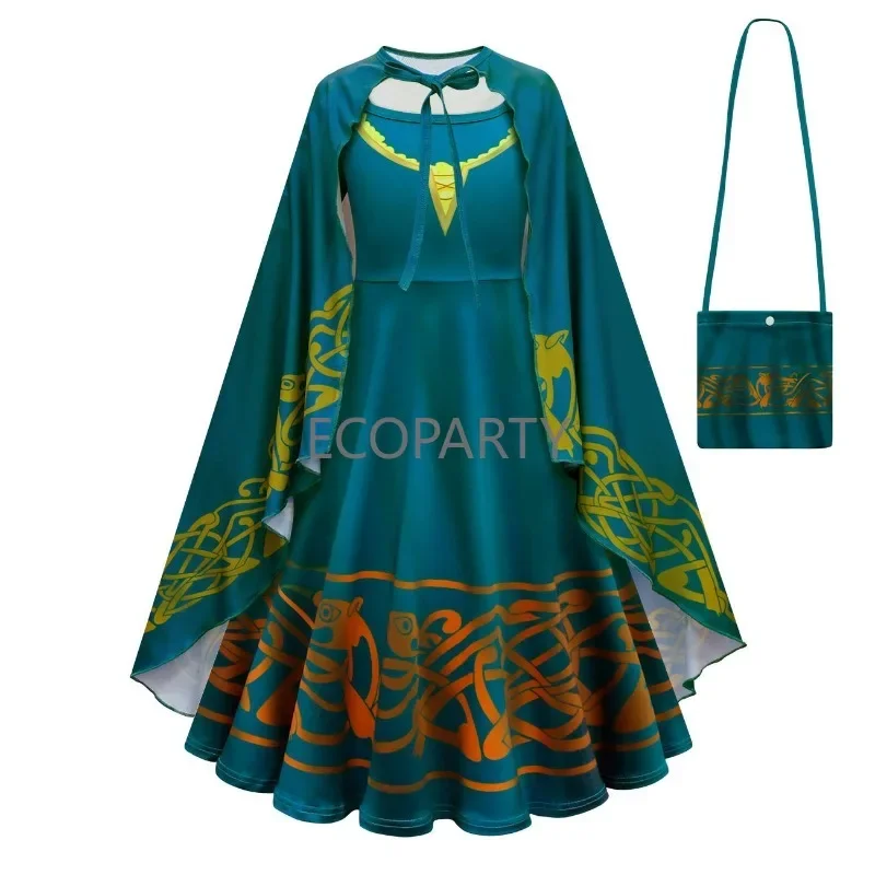 

2023 New Summer and Autumn Long Dress Braver Legends Merida Girls' Halloween Long Dress Cape Three Piece Set Dress for Women