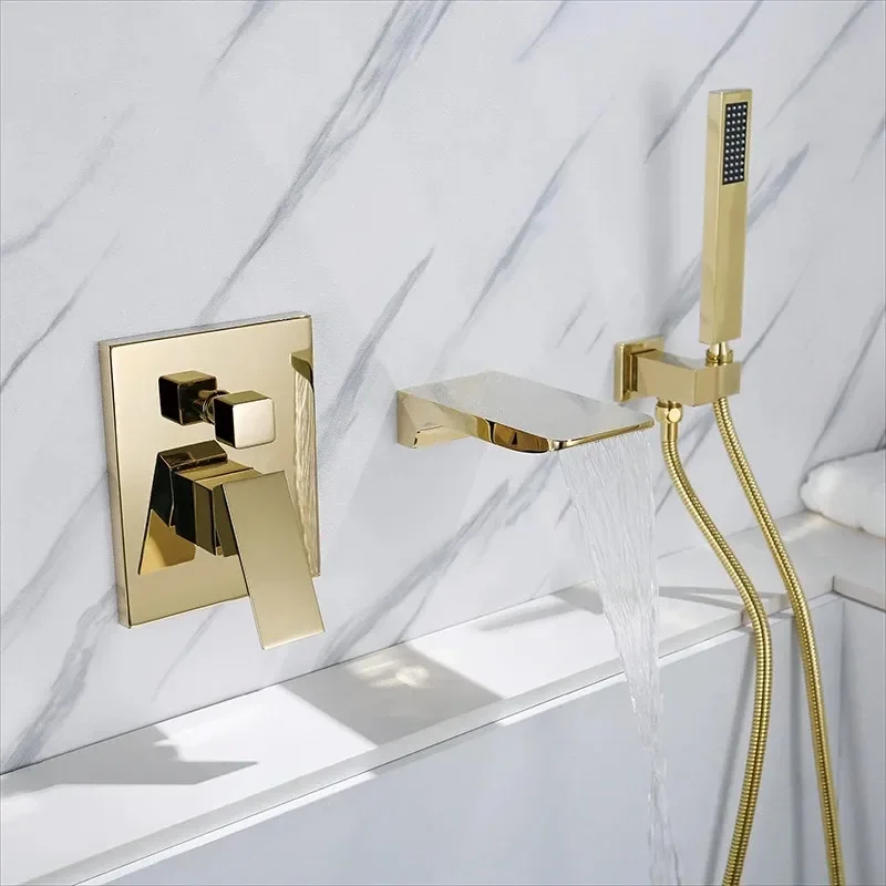 Gold Bathtub Shower Faucet Set Brass Bath & Mixer With Handheld Waterfall Tap Black