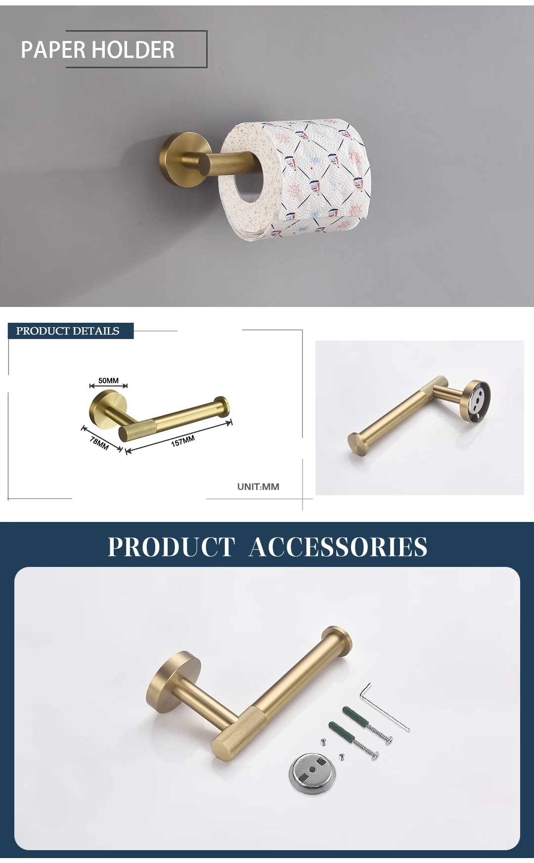 Description Picture 6 of itemBrushed Gold Brass Knurled Round Kit Toilet Brush Towel Bar Ring Robe Hook Paper Holder Towel Ring Cup Holder Soap Dish Set