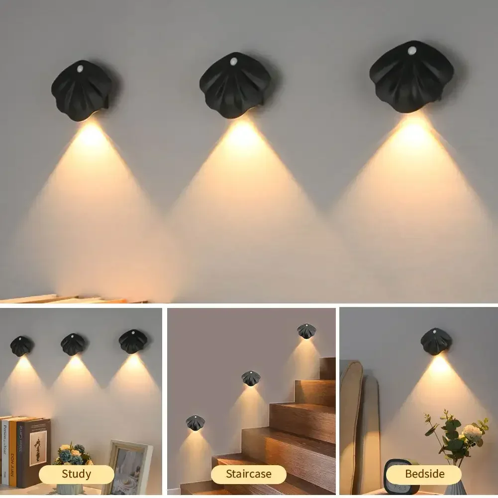 LED 쉘 야간 조명 모션 센서 조명, USB C 타입, 3 색 방 장식 램프, 복도 계단 LED 램프 센서 조명