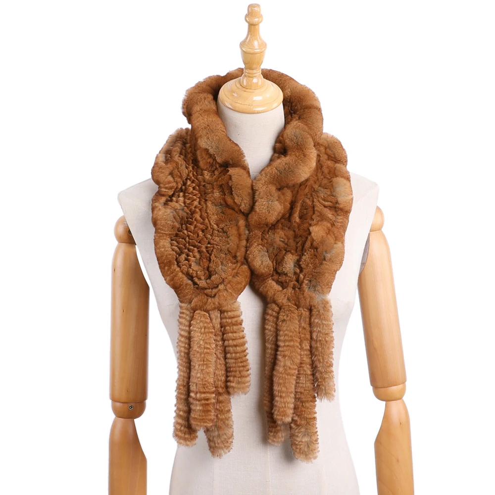 Winter Women's Warm Genuine Real Rex Rabbit Fur Knitted Scarf Scarfs Lady Scarves Wraps Snood Fashion Tassels stringy selvedge